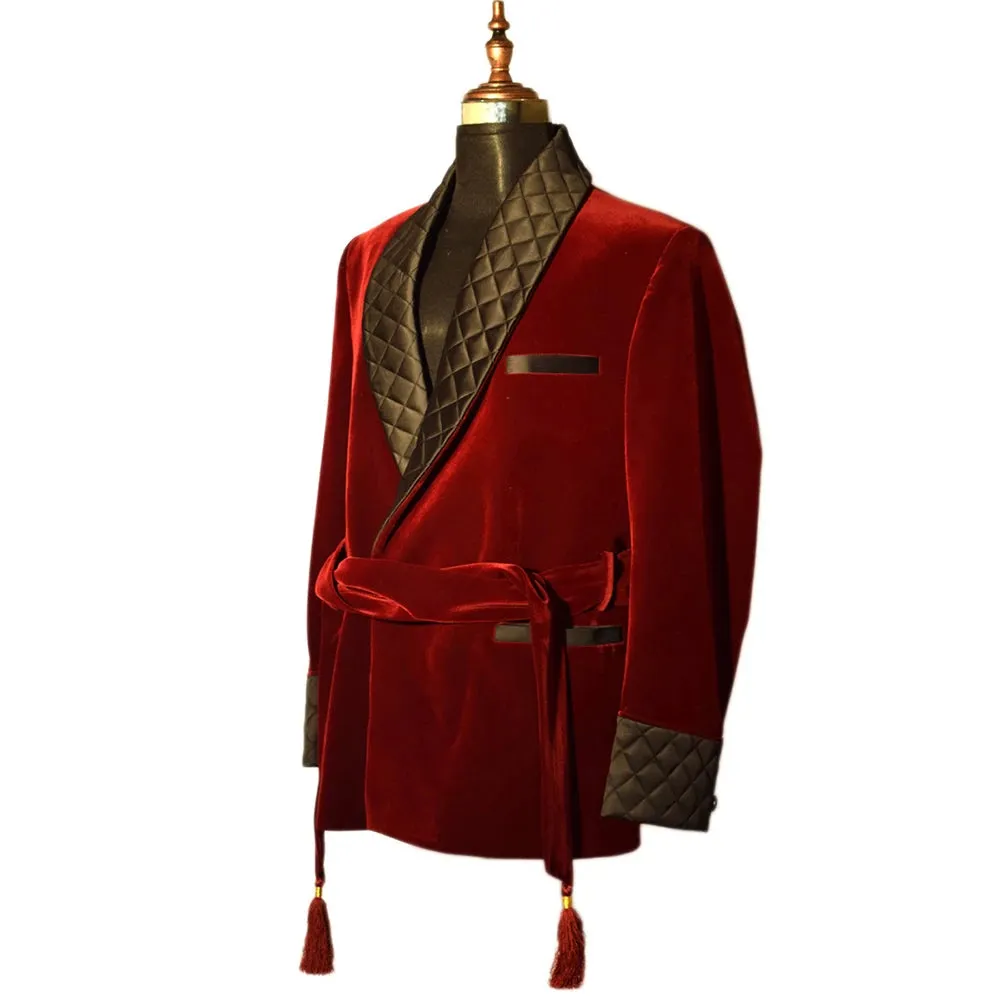 Aidase 2024 Long Burgundy Velvet Smoking Jackets Black Shawl Lapel Formal Tuxedos Loose Vintage Retro Party Prom Suit Blazer(1 Jacket)