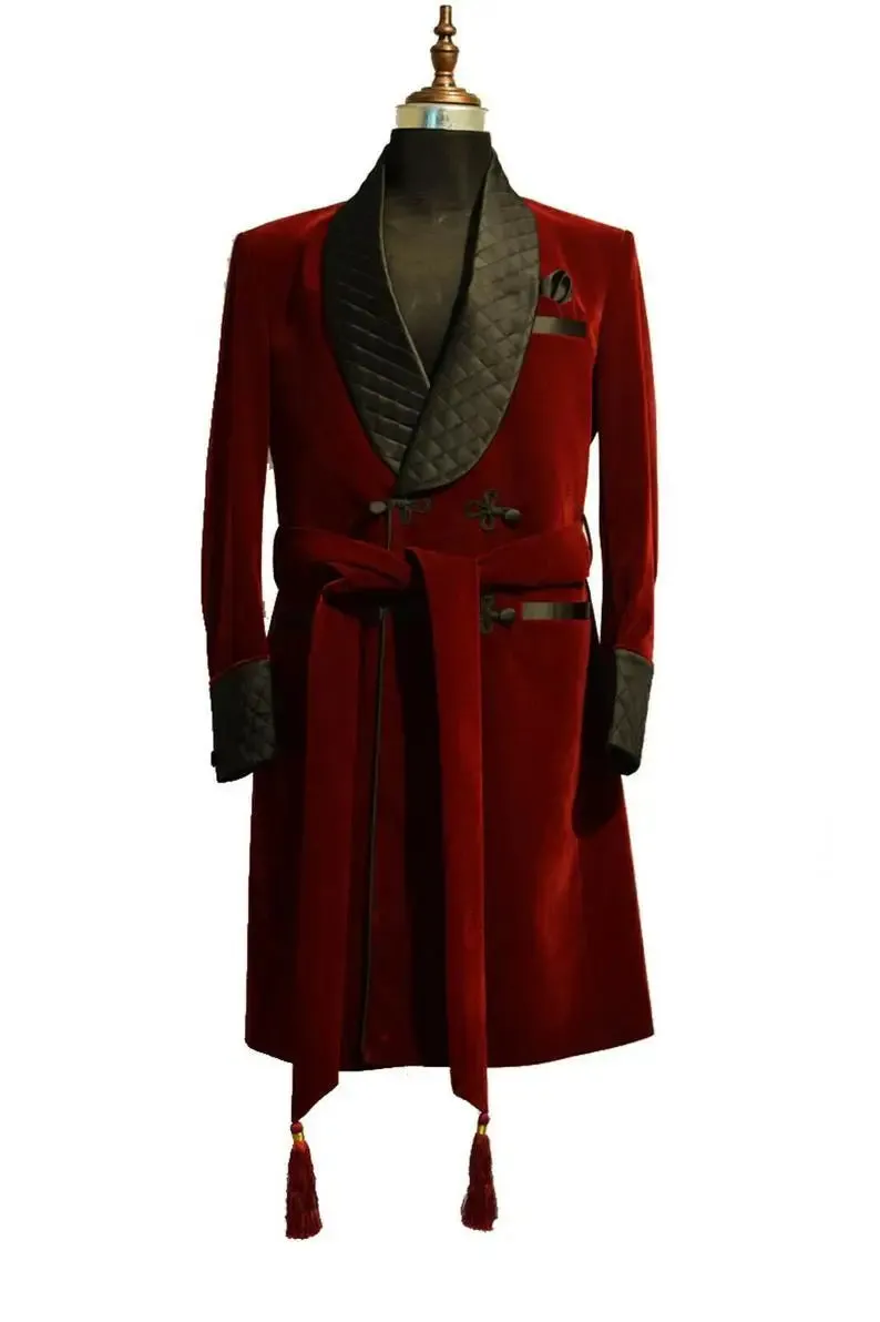 Aidase 2024 Long Burgundy Velvet Smoking Jackets Black Shawl Lapel Formal Tuxedos Loose Vintage Retro Party Prom Suit Blazer(1 Jacket)