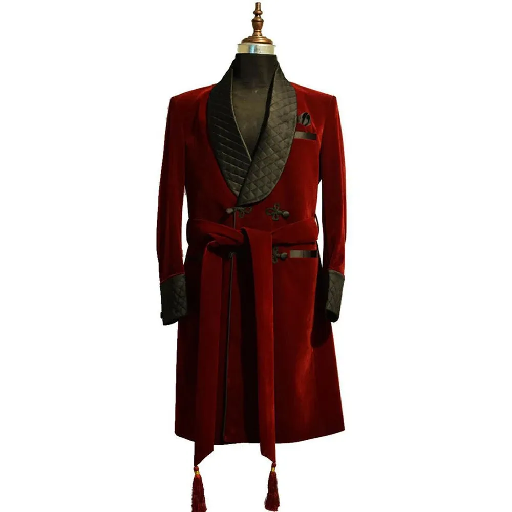 Aidase 2024 Long Burgundy Velvet Smoking Jackets Black Shawl Lapel Formal Tuxedos Loose Vintage Retro Party Prom Suit Blazer(1 Jacket)