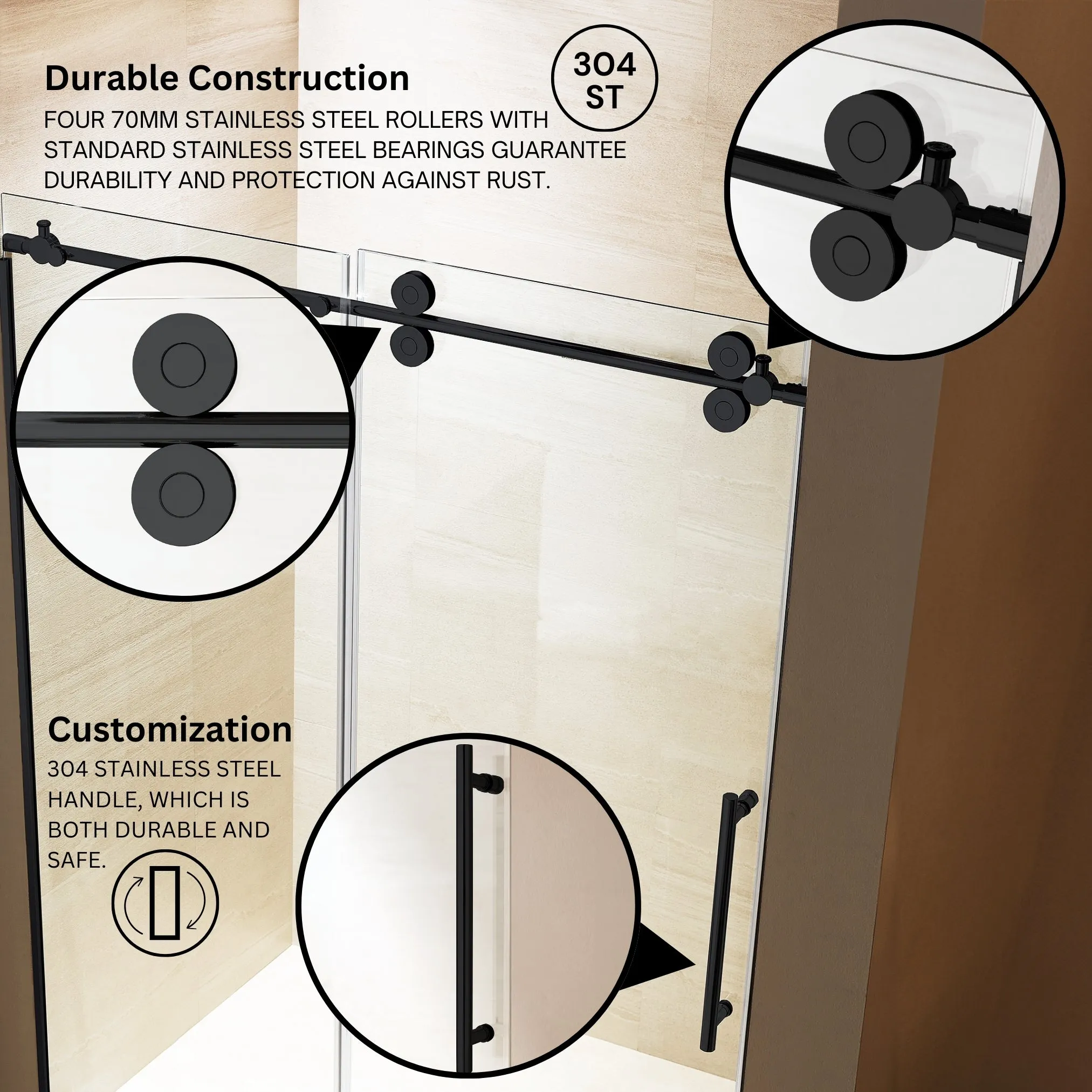 Apollo 60 in. W x 79 in. H Frameless Double Roller Shower Door in Black
