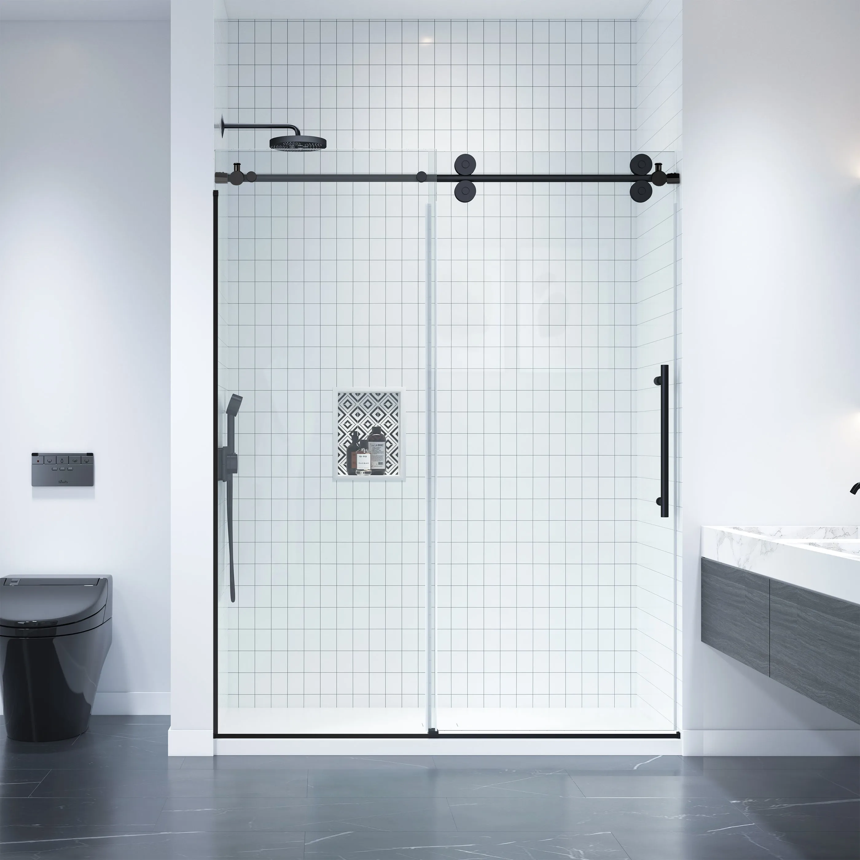 Apollo 60 in. W x 79 in. H Frameless Double Roller Shower Door in Black