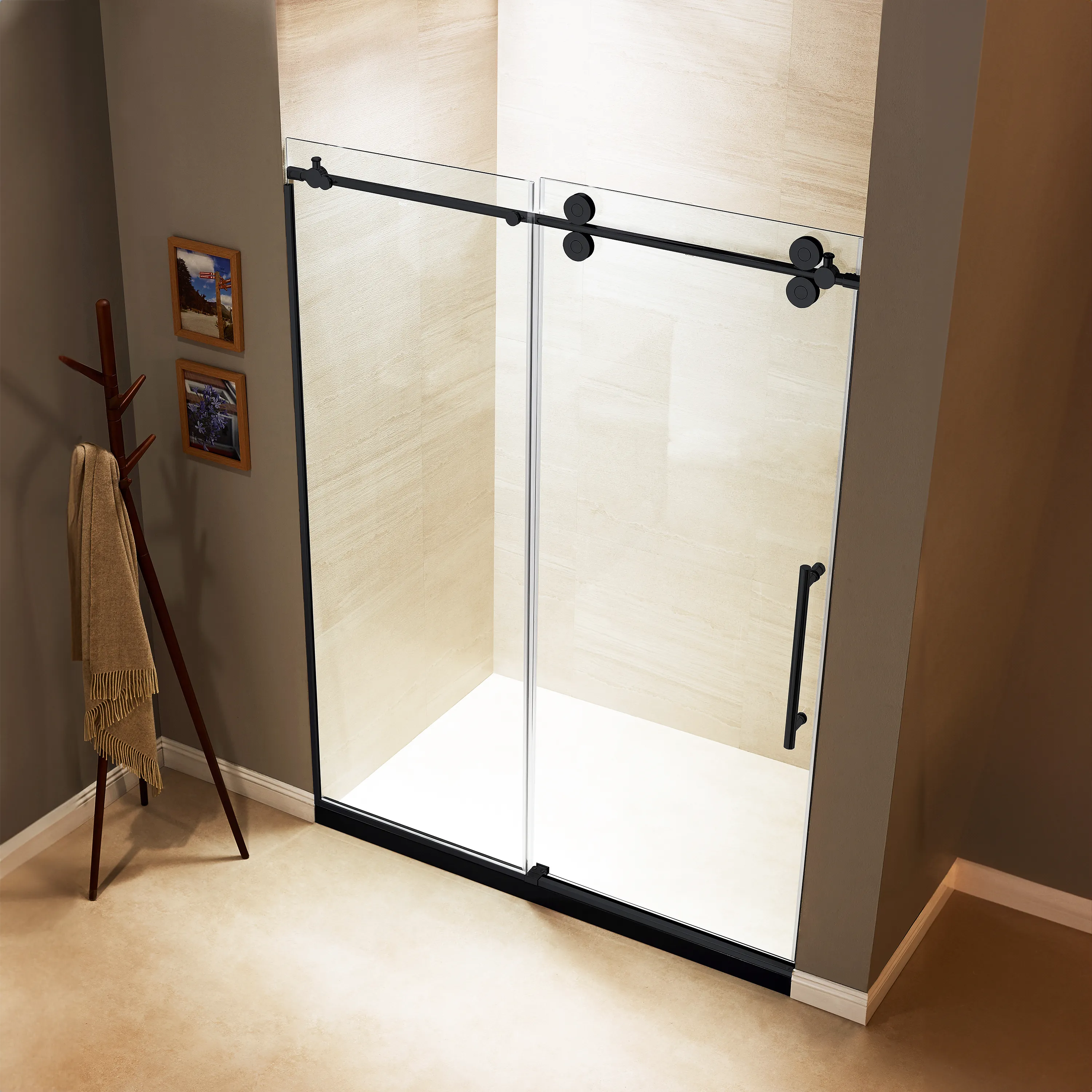 Apollo 60 in. W x 79 in. H Frameless Double Roller Shower Door in Black