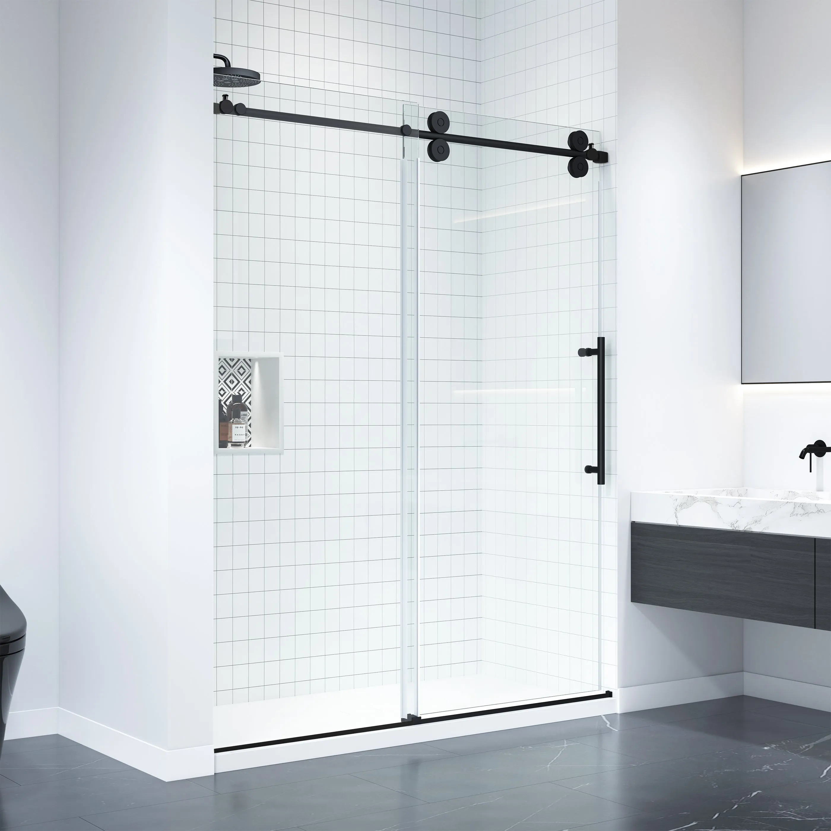 Apollo 60 in. W x 79 in. H Frameless Double Roller Shower Door in Black