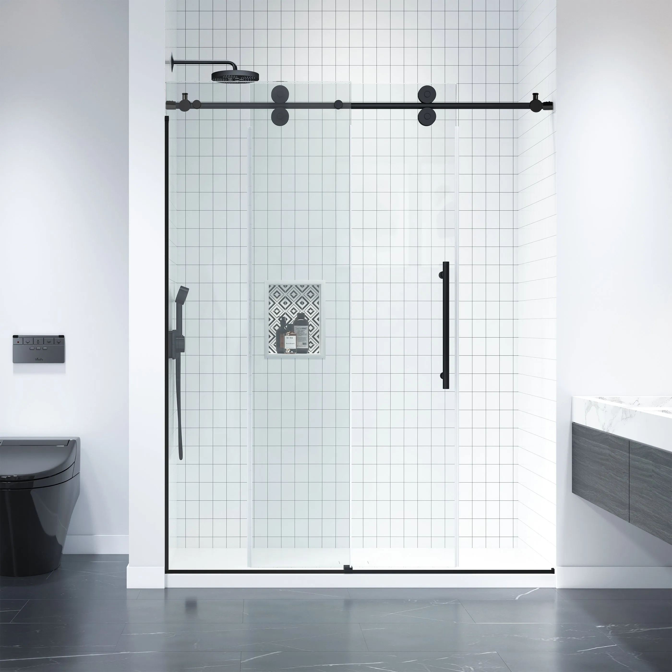 Apollo 60 in. W x 79 in. H Frameless Double Roller Shower Door in Black