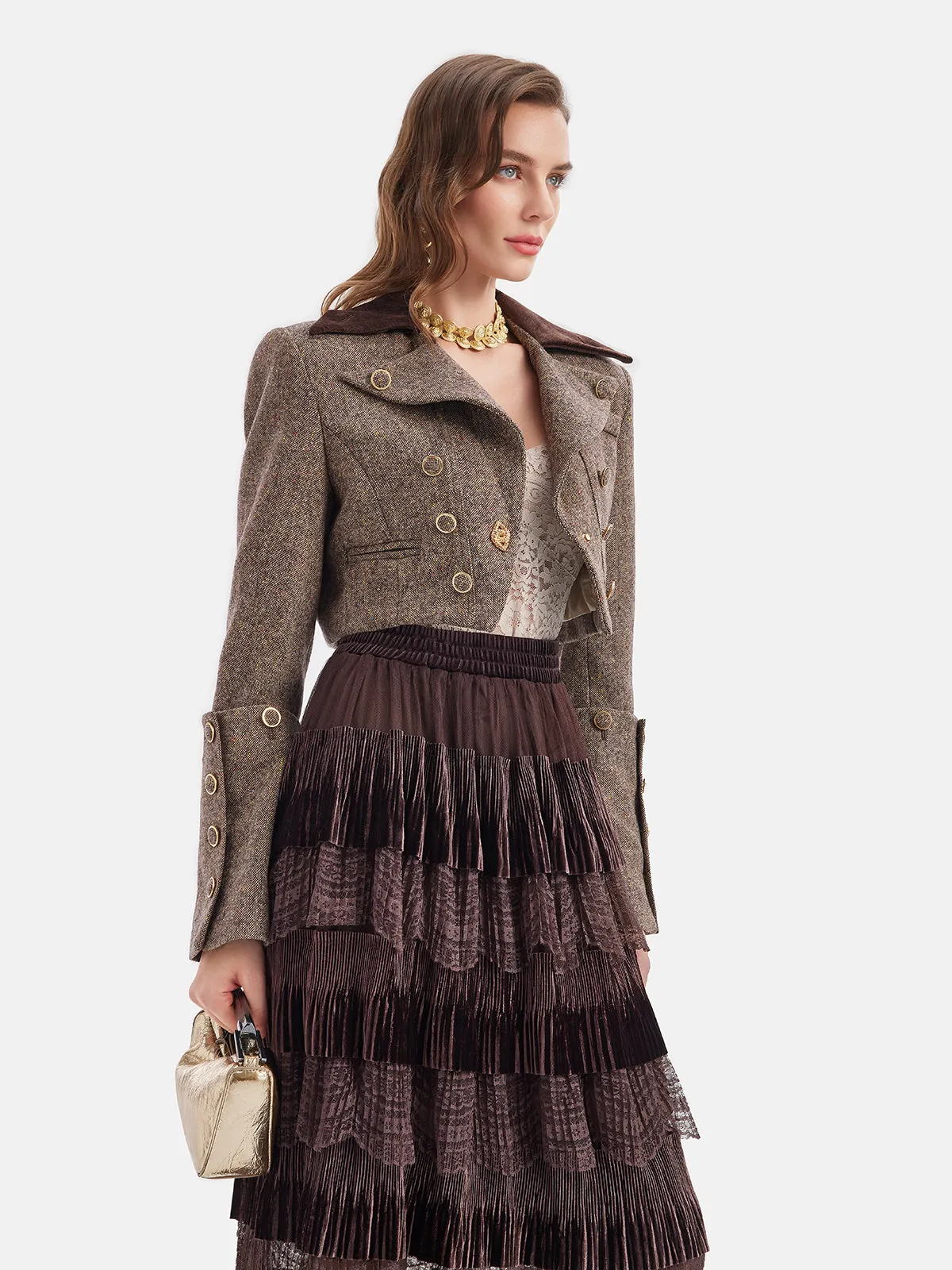 Australian Wool Blend Color-Blocked Short Blazer