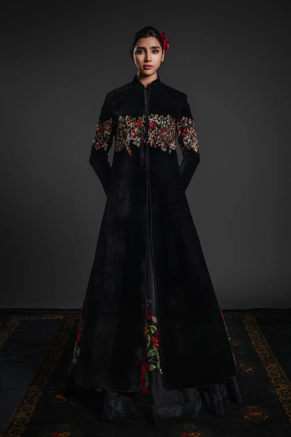 Black Long Velvet Jacket with Embroidery