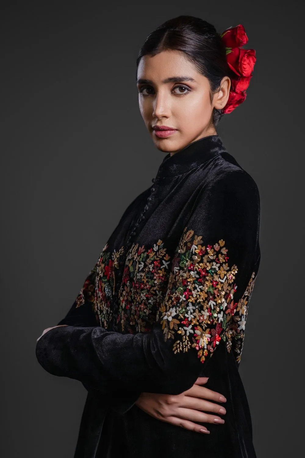 Black Long Velvet Jacket with Embroidery