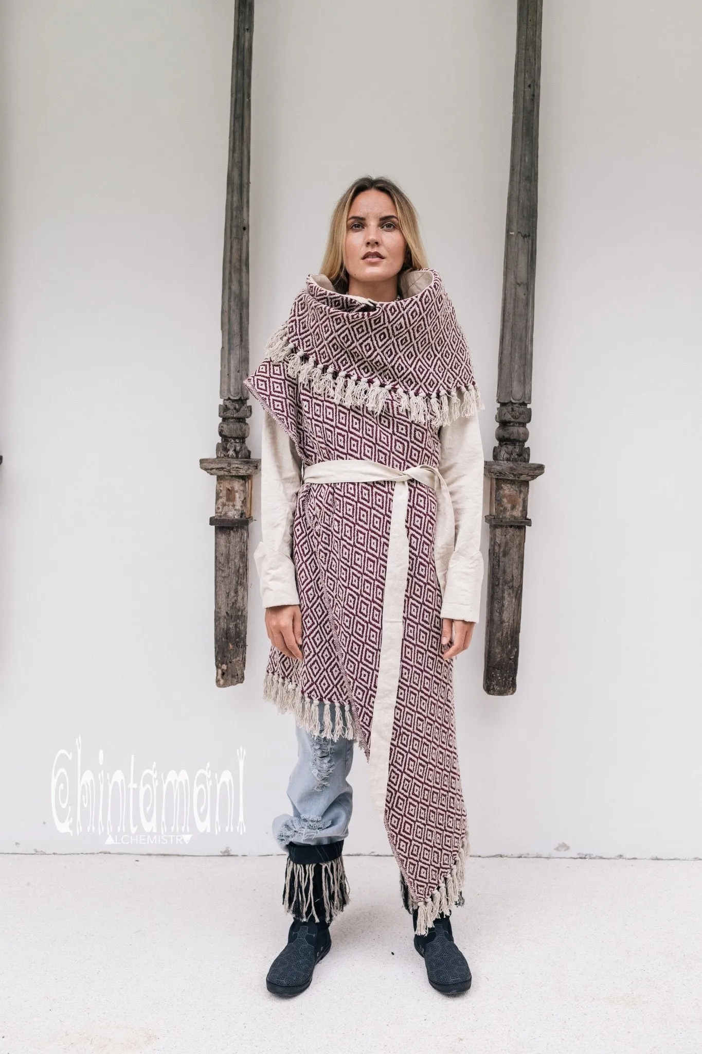 Blanket Coat for Women ∆ One Size Boho Cardigan Duster / Red & White