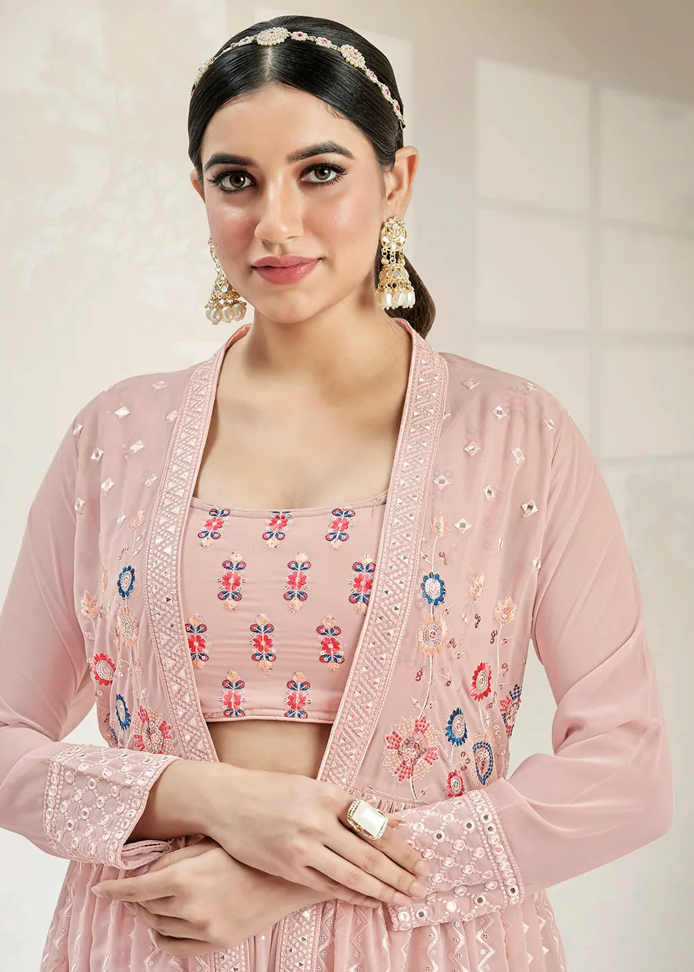 Dazzling Party Style Seashell Pink Lehenga Choli with Jacket