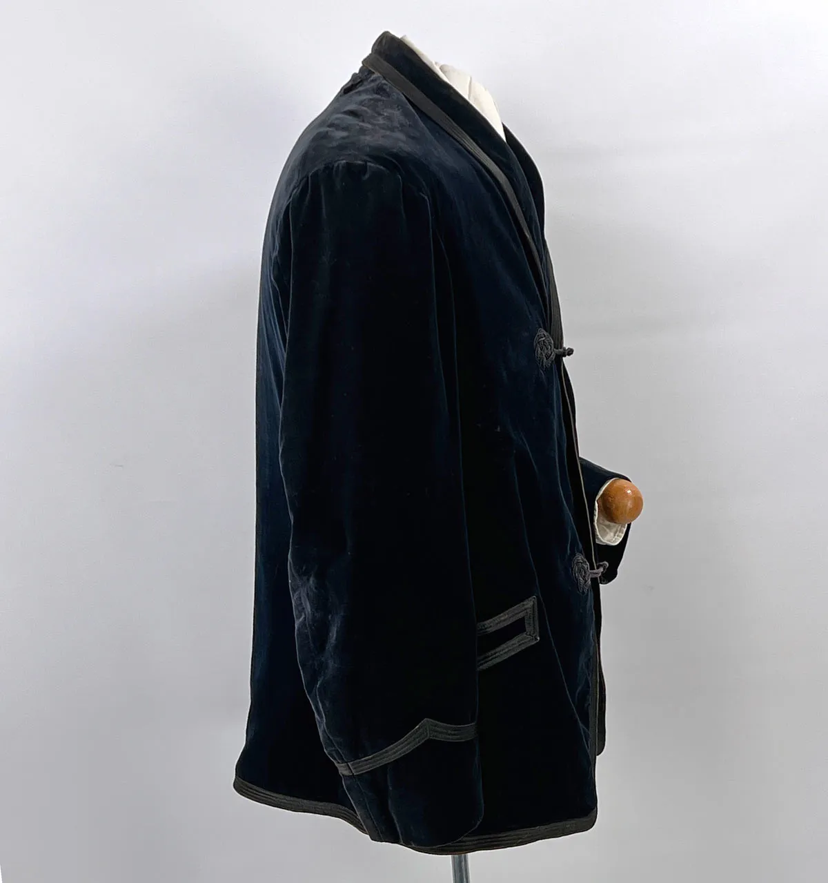 Edwardian Men's Velvet Smoking Jacket Midnight Blue Satin Trim Antique Flawed As Is VFG