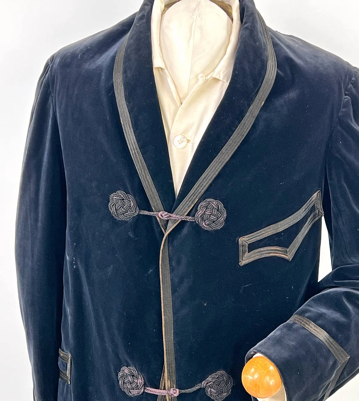 Edwardian Men's Velvet Smoking Jacket Midnight Blue Satin Trim Antique Flawed As Is VFG