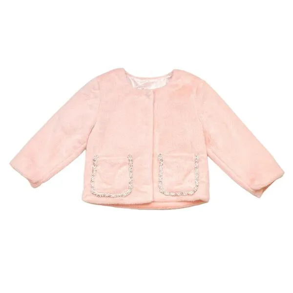 Embellished Trim Pink Fur Jacket