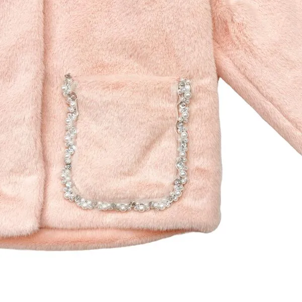 Embellished Trim Pink Fur Jacket