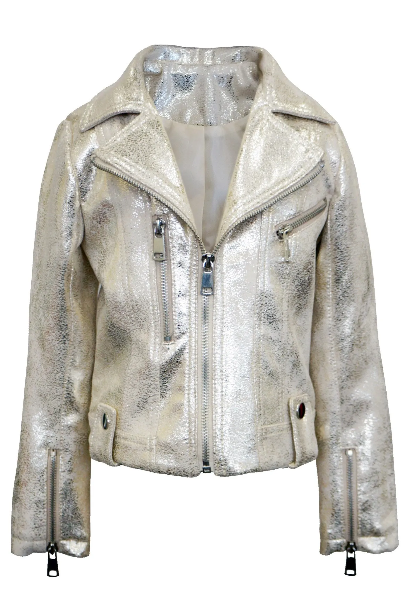 Girls Gold Metallic Biker Leather Jacket