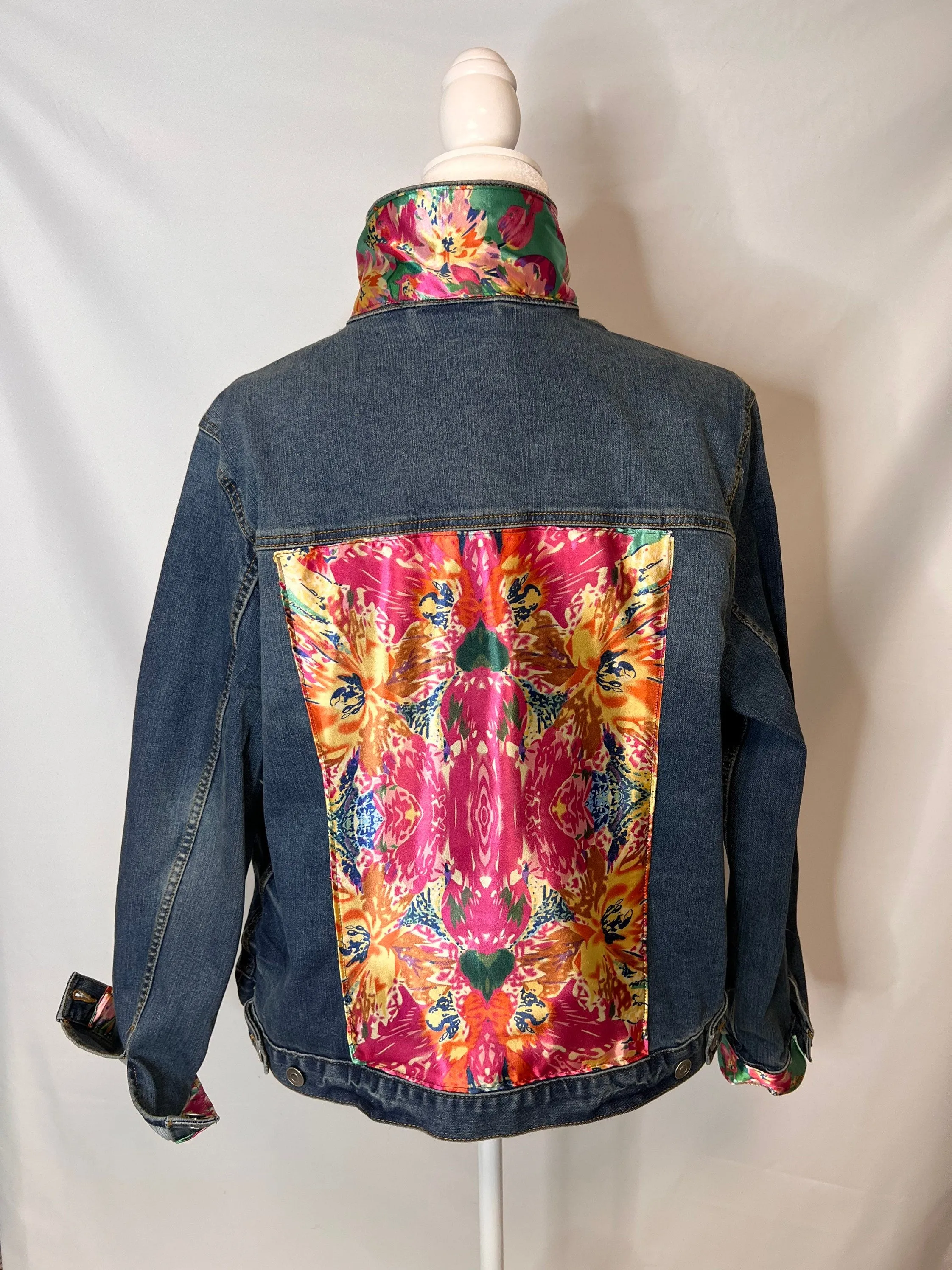 Hot Pink Floral Denim Jacket Silk Scarf Designer Scarf Jean Jacket