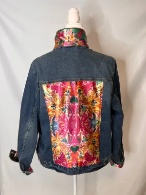 Hot Pink Floral Denim Jacket Silk Scarf Designer Scarf Jean Jacket