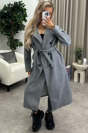 Kennie Grey Wool Button Up Belted Trench Longline Coat