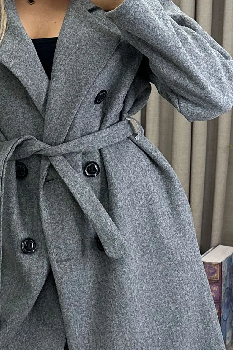 Kennie Grey Wool Button Up Belted Trench Longline Coat