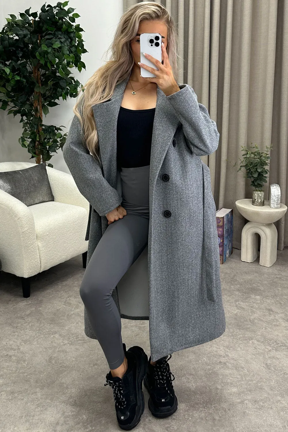 Kennie Grey Wool Button Up Belted Trench Longline Coat