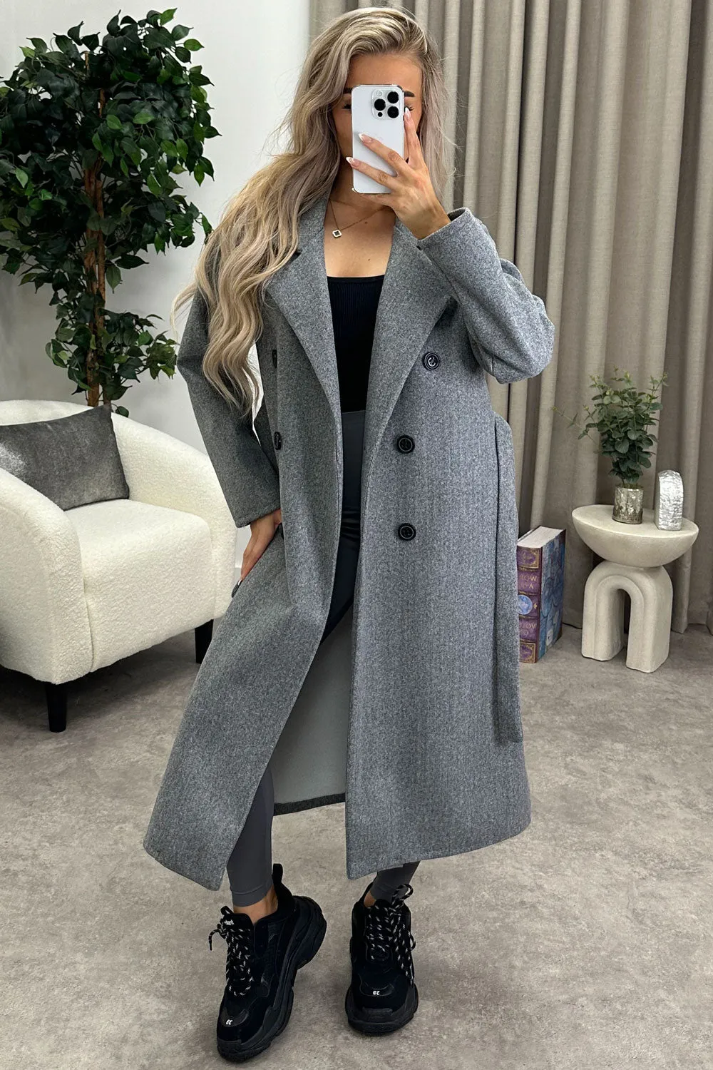 Kennie Grey Wool Button Up Belted Trench Longline Coat