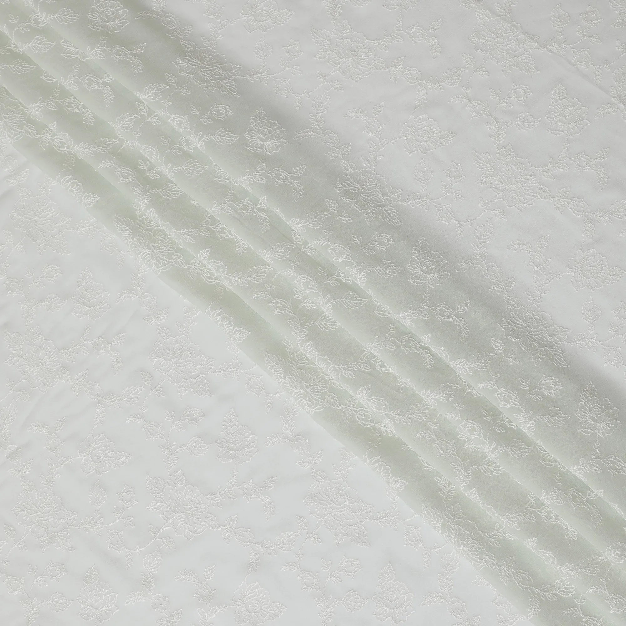 Luxurious Light Laurel green Synthetic Georgette Fabric with Embossed Floral Design, 110 cm Wide-D19146