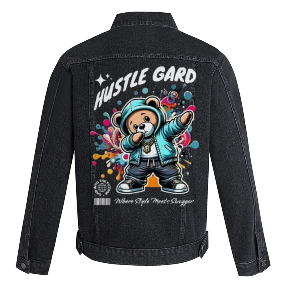 Mens HUSTLE GARD Bear Graphic Button Up Denim Jacket