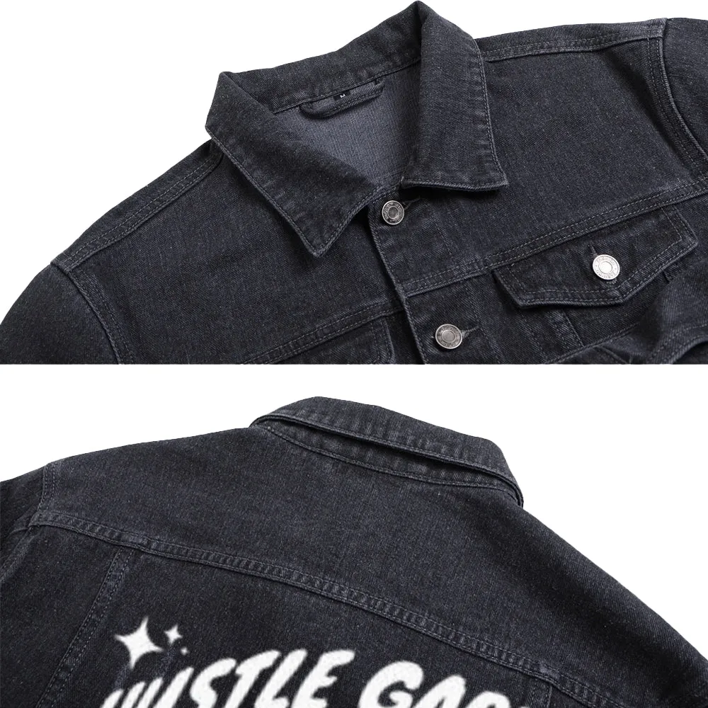 Mens HUSTLE GARD Bear Graphic Button Up Denim Jacket