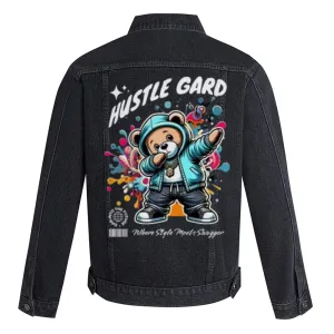 Mens HUSTLE GARD Bear Graphic Button Up Denim Jacket