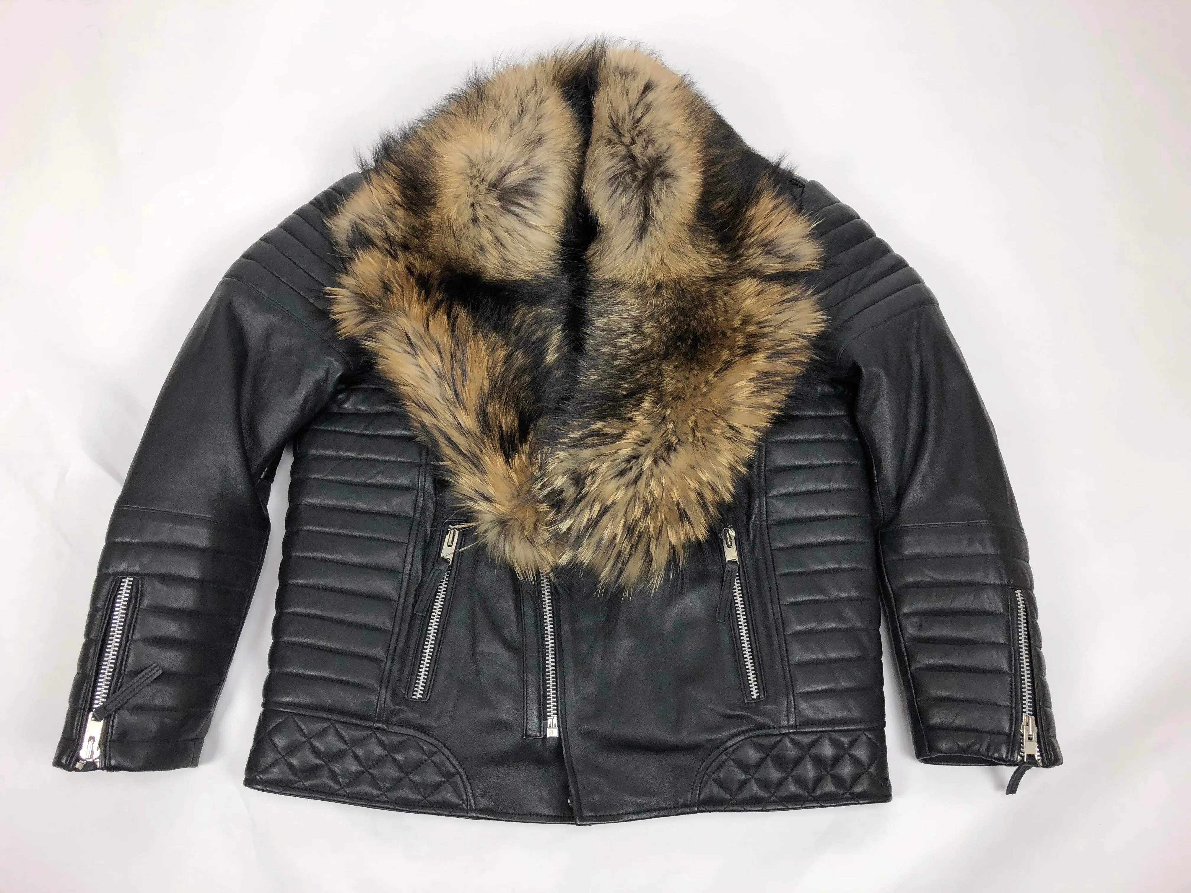 Men's Jay Biker Jacket Black With Full Racoon Collar