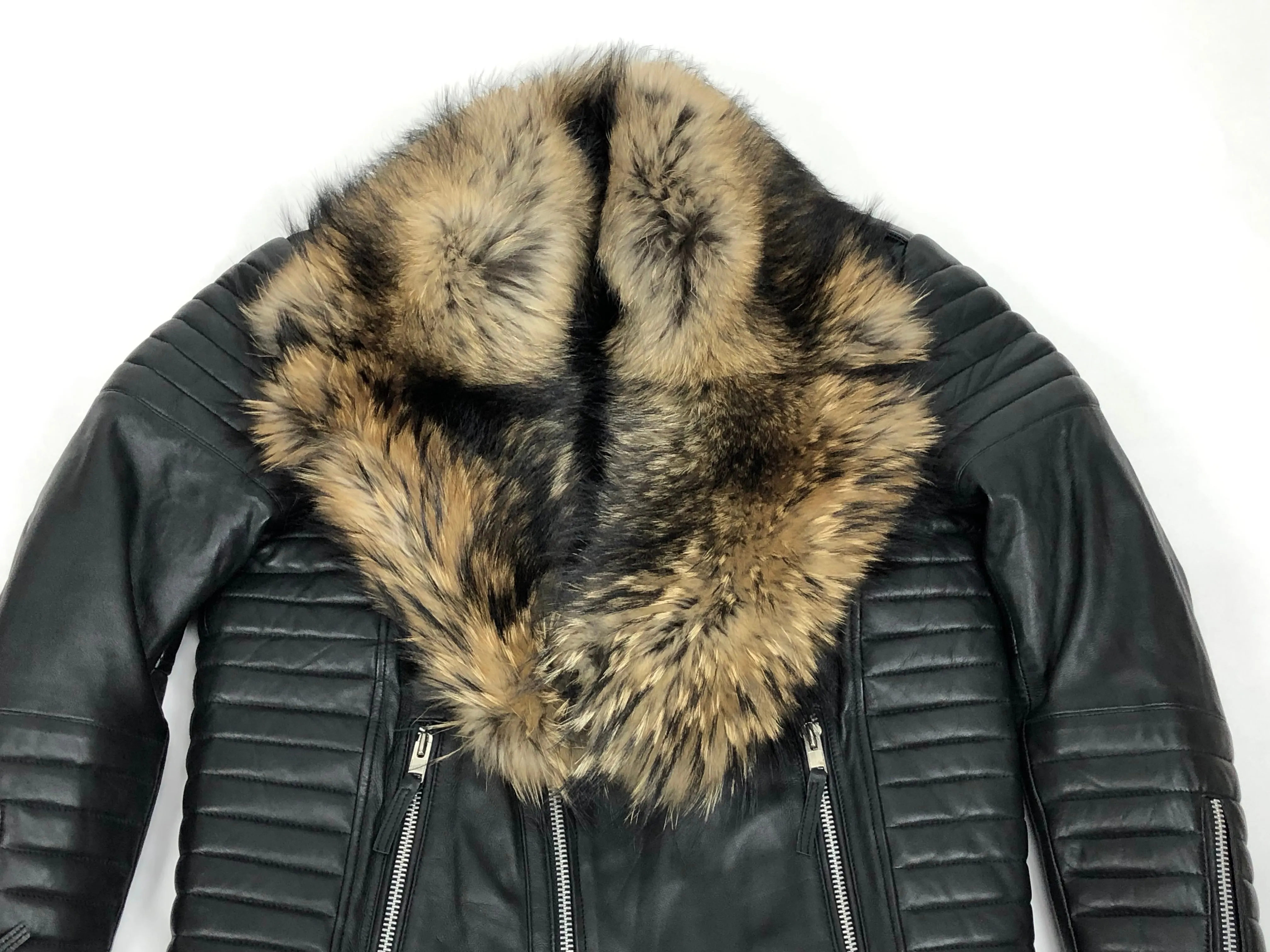 Men's Jay Biker Jacket Black With Full Racoon Collar