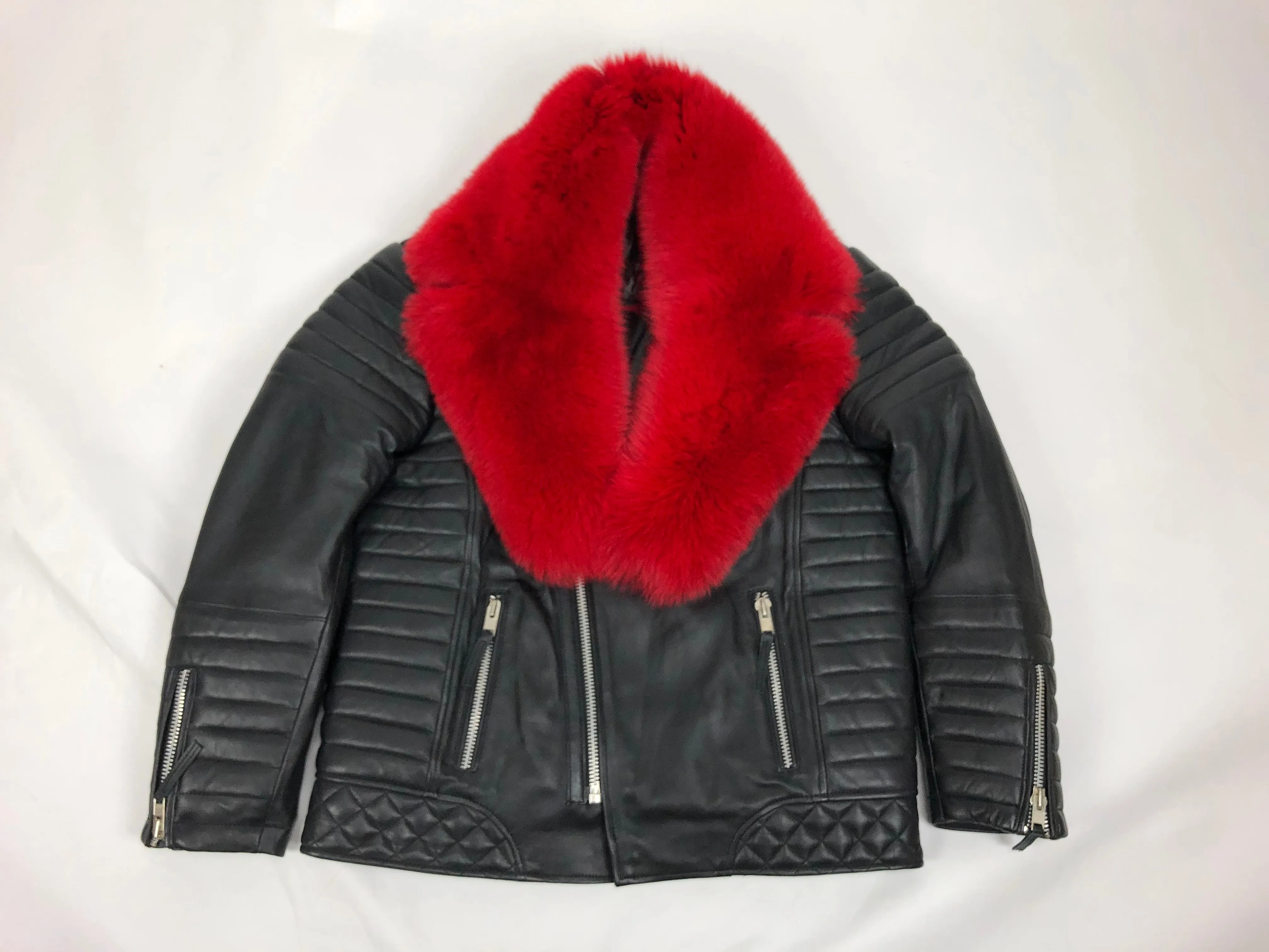 Men's Jay Biker Jacket Black With Full Red Fox Collar