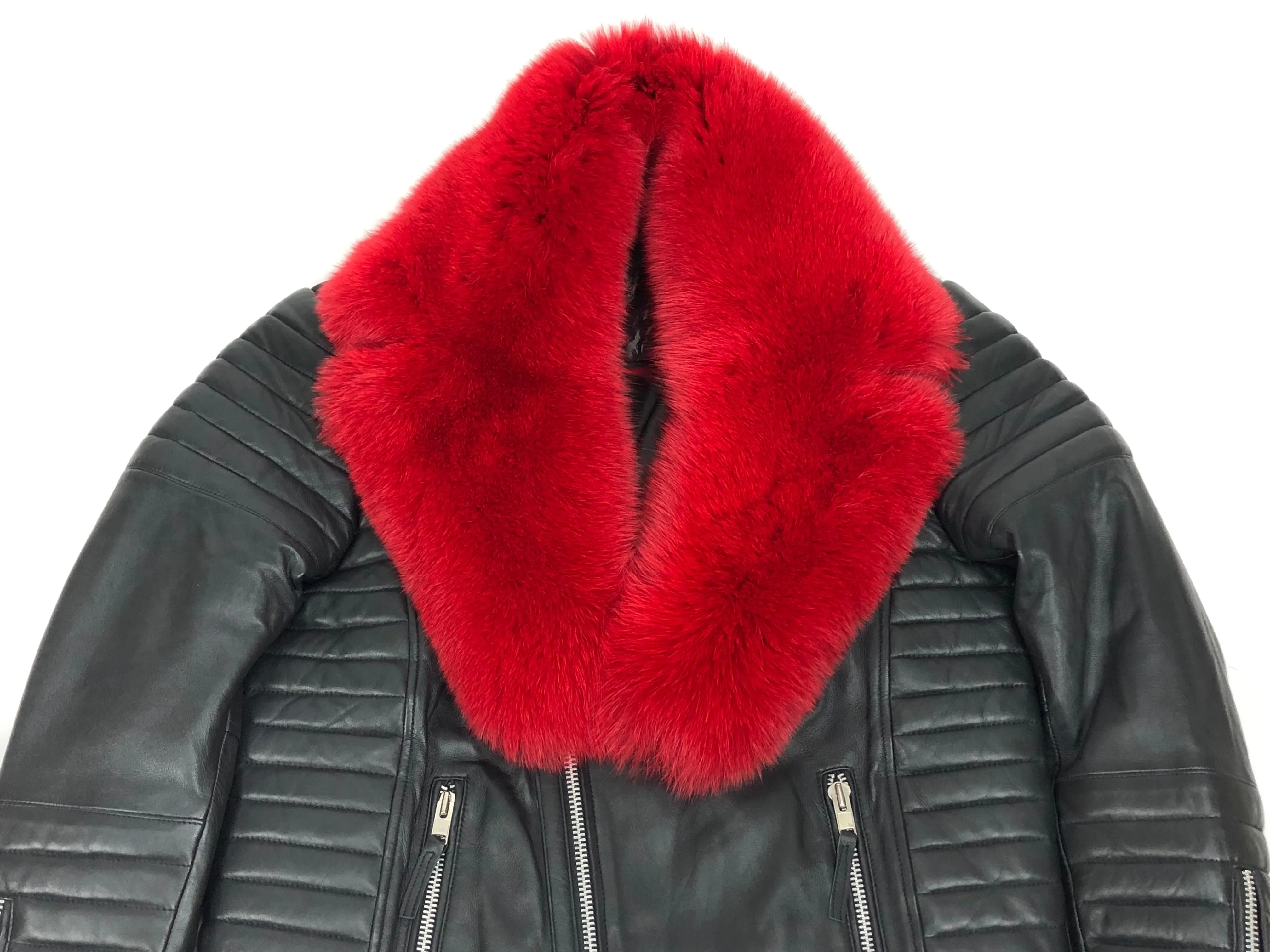 Men's Jay Biker Jacket Black With Full Red Fox Collar