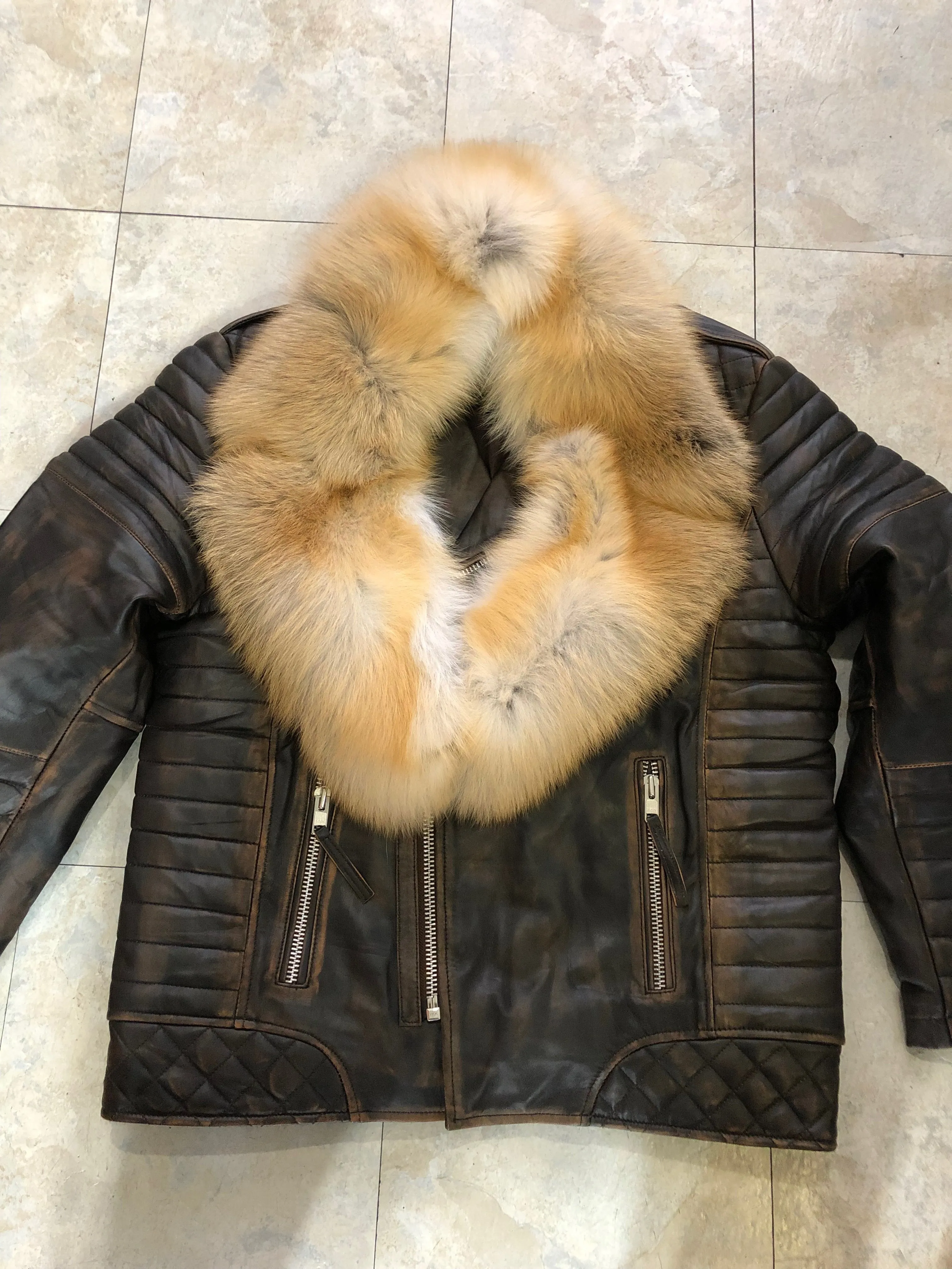 Men's Jay Biker Jacket Copper With Full Red Fox Collar