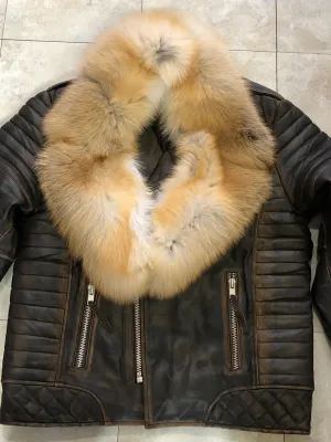 Men's Jay Biker Jacket Copper With Full Red Fox Collar