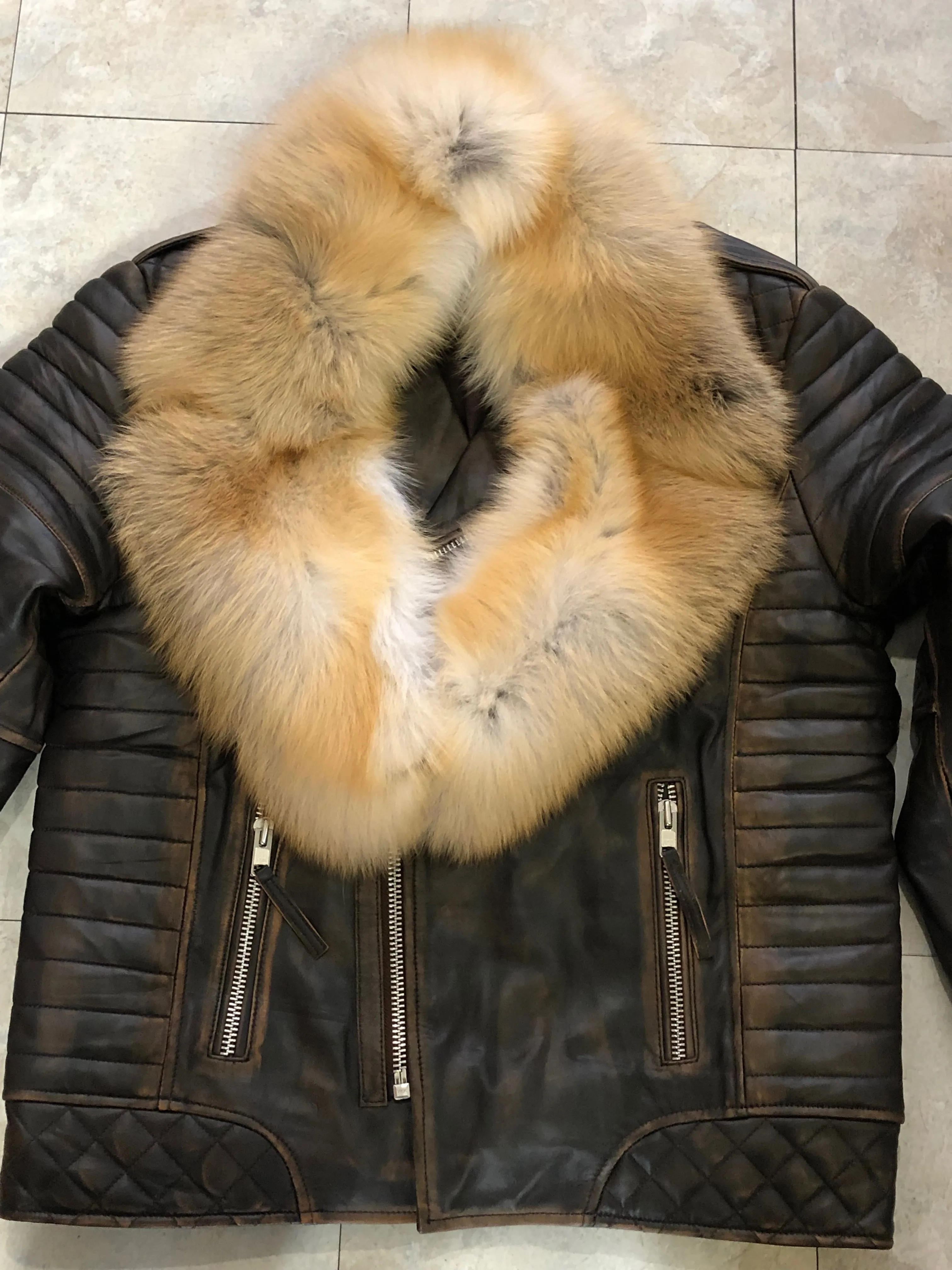 Men's Jay Biker Jacket Copper With Full Red Fox Collar