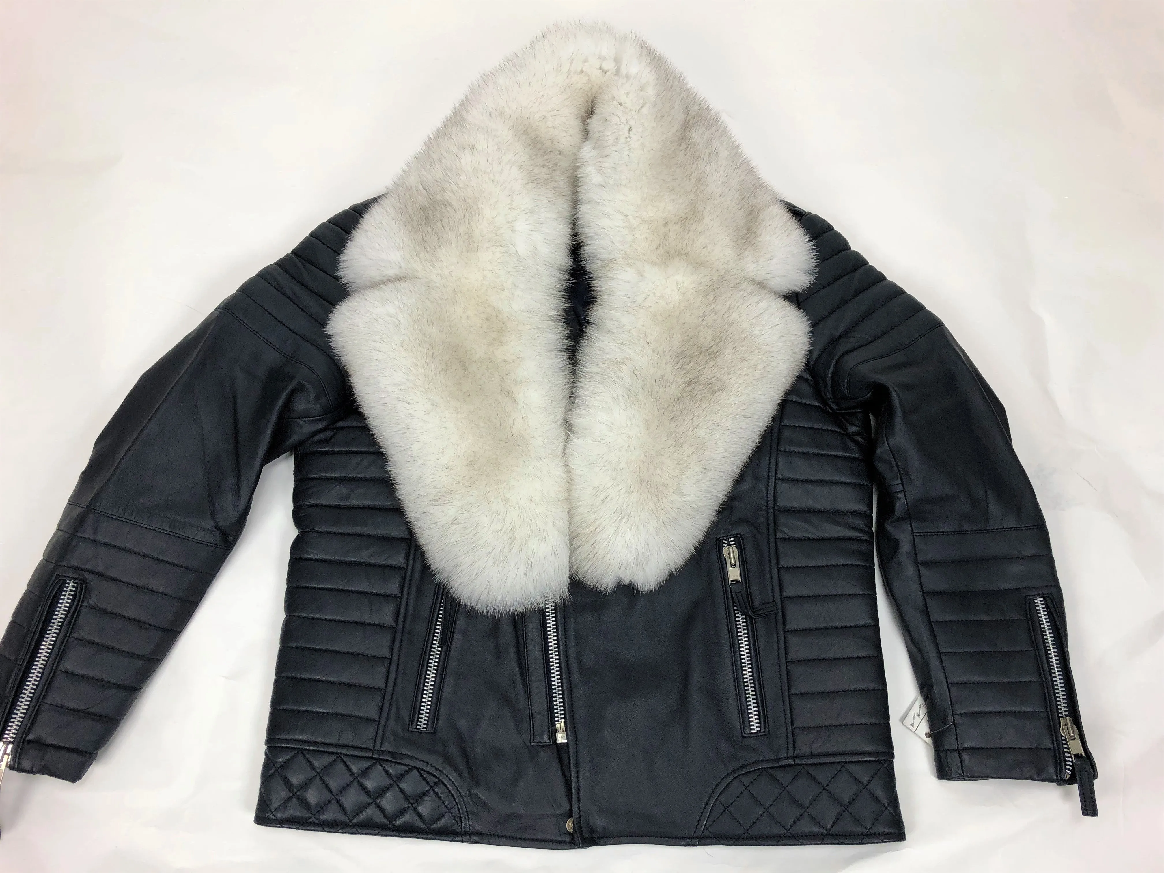 Men's Jay Biker Jacket Navy Blue With Full Siberian Fox Collar