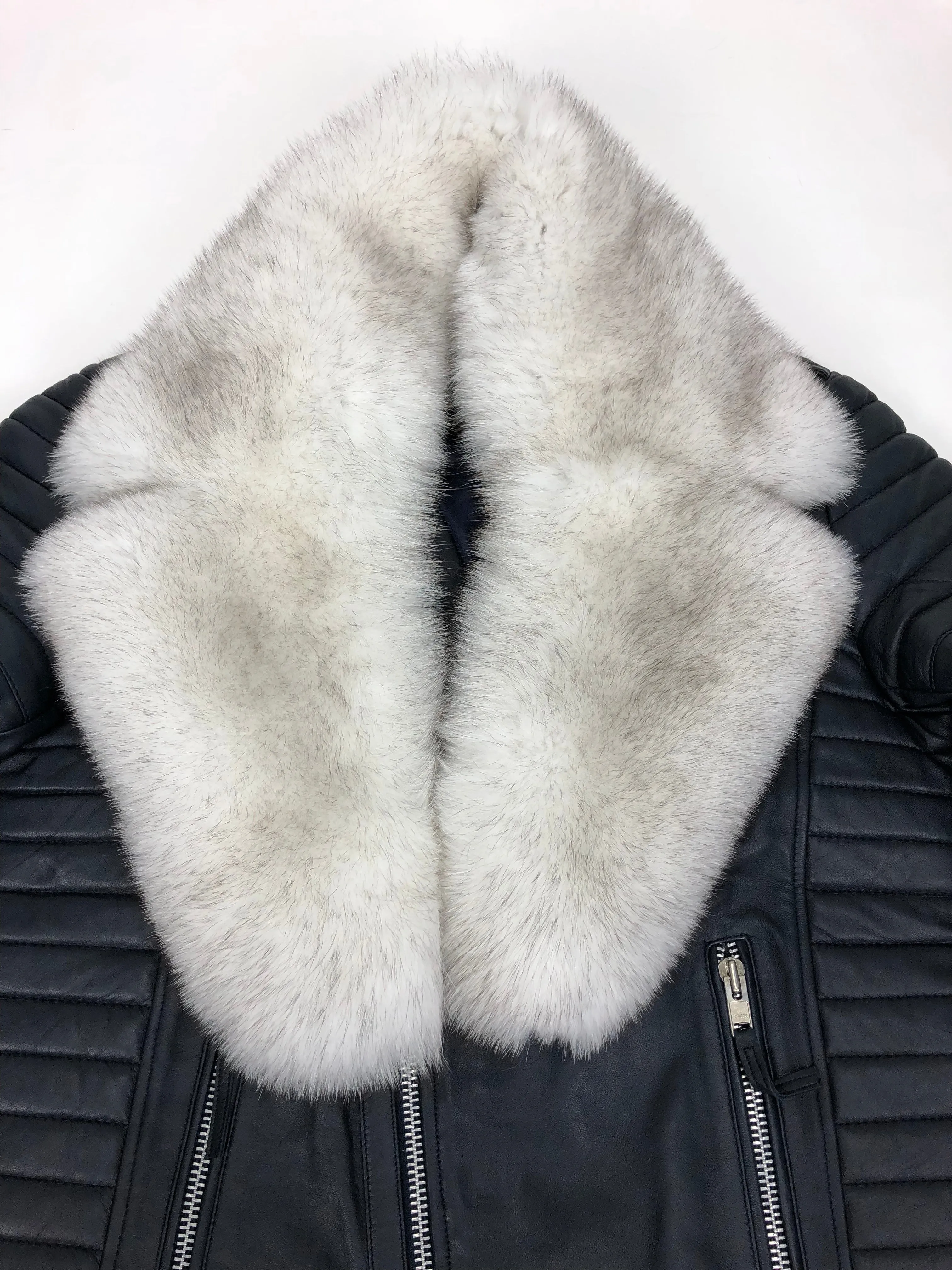 Men's Jay Biker Jacket Navy Blue With Full Siberian Fox Collar