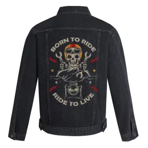 Mens RIDE TO LIVE Motorcycle Graphic Button Up Denim Jacket