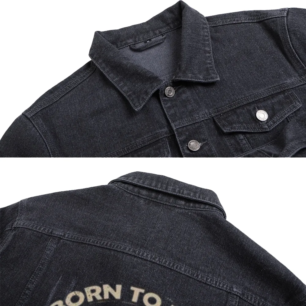 Mens RIDE TO LIVE Motorcycle Graphic Button Up Denim Jacket