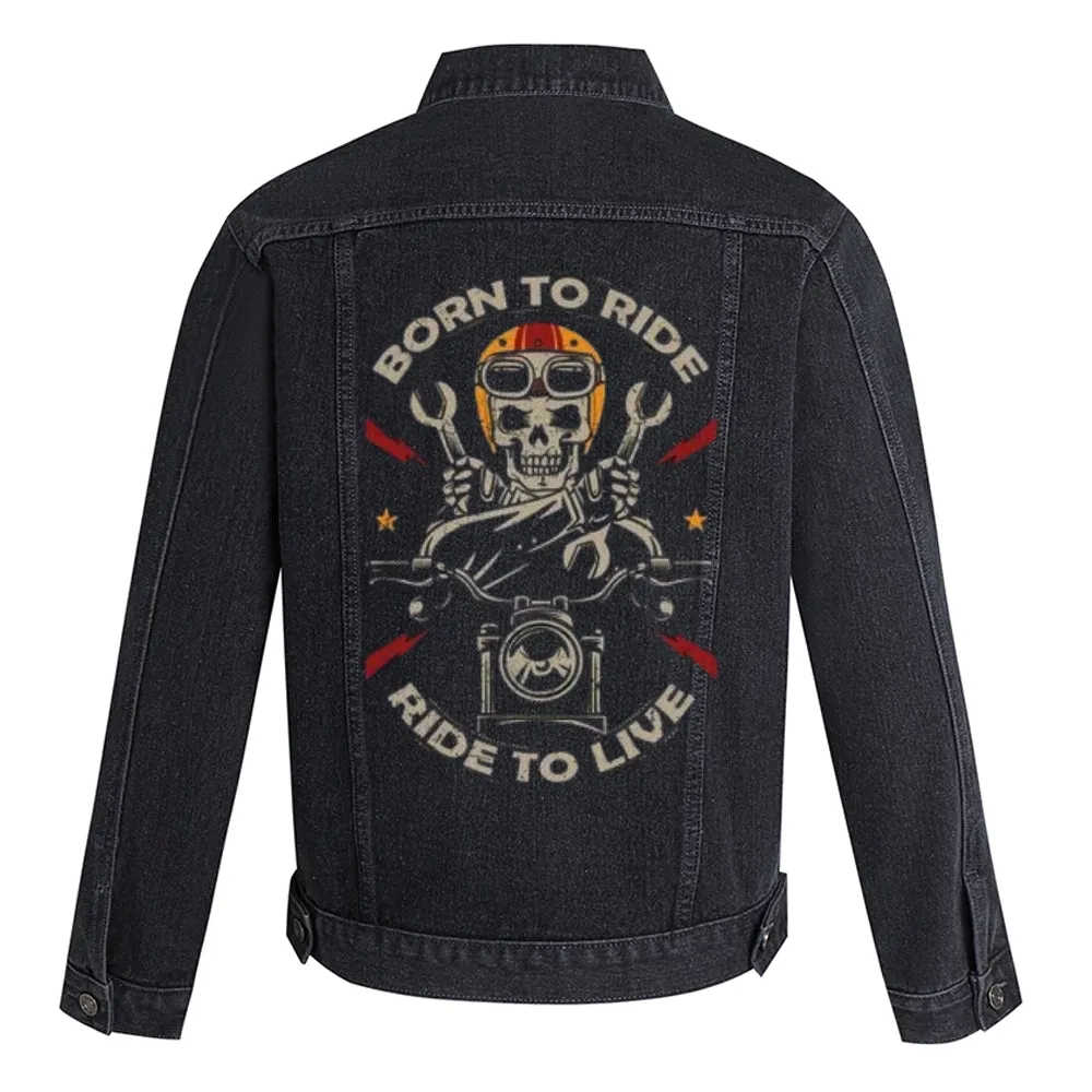 Mens RIDE TO LIVE Motorcycle Graphic Button Up Denim Jacket