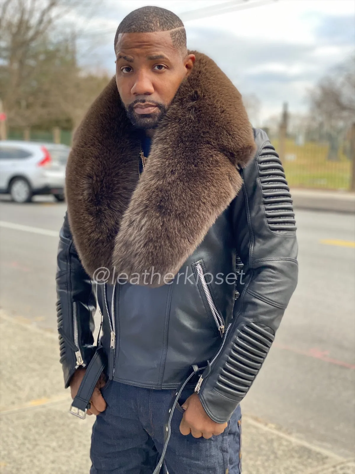 Men's Trey Biker Full Fox Fur Collar [Olive Fox]