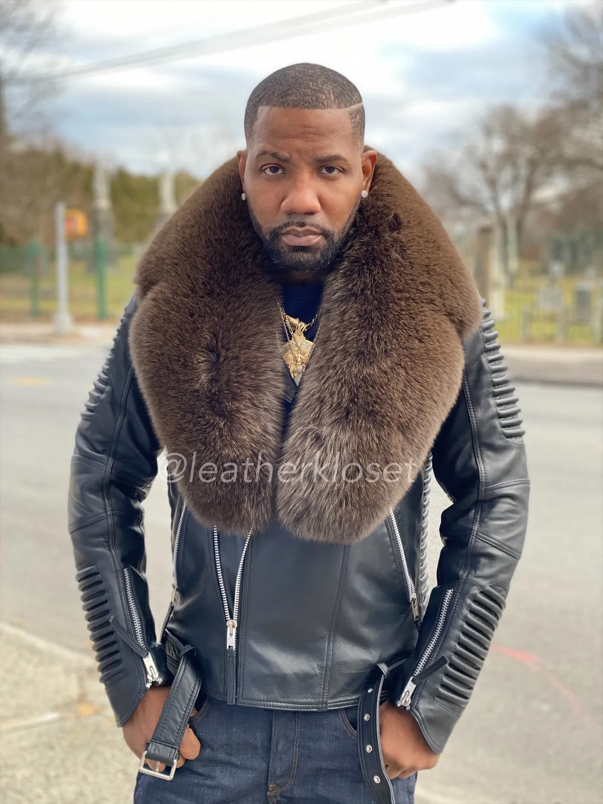 Men's Trey Biker Full Fox Fur Collar [Olive Fox]