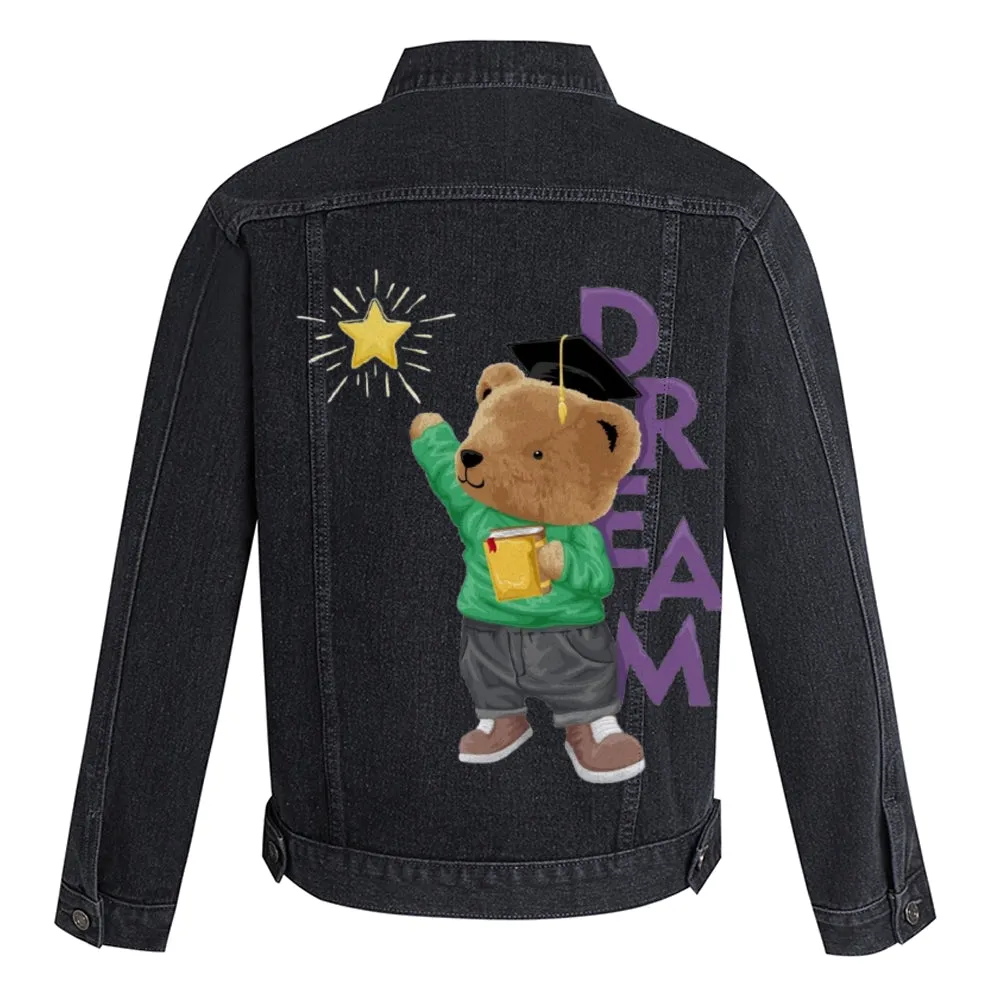 Mens Vintage Cartoon Cute Bear Dream Prints Denim Jacket