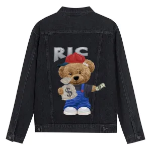Mens Vintage Cartoon Cute Bear Ric Prints Denim Jacket