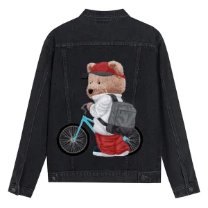 Mens Vintage Cartoon Cute Bear Ride A Bike To School Prints Denim Jacket