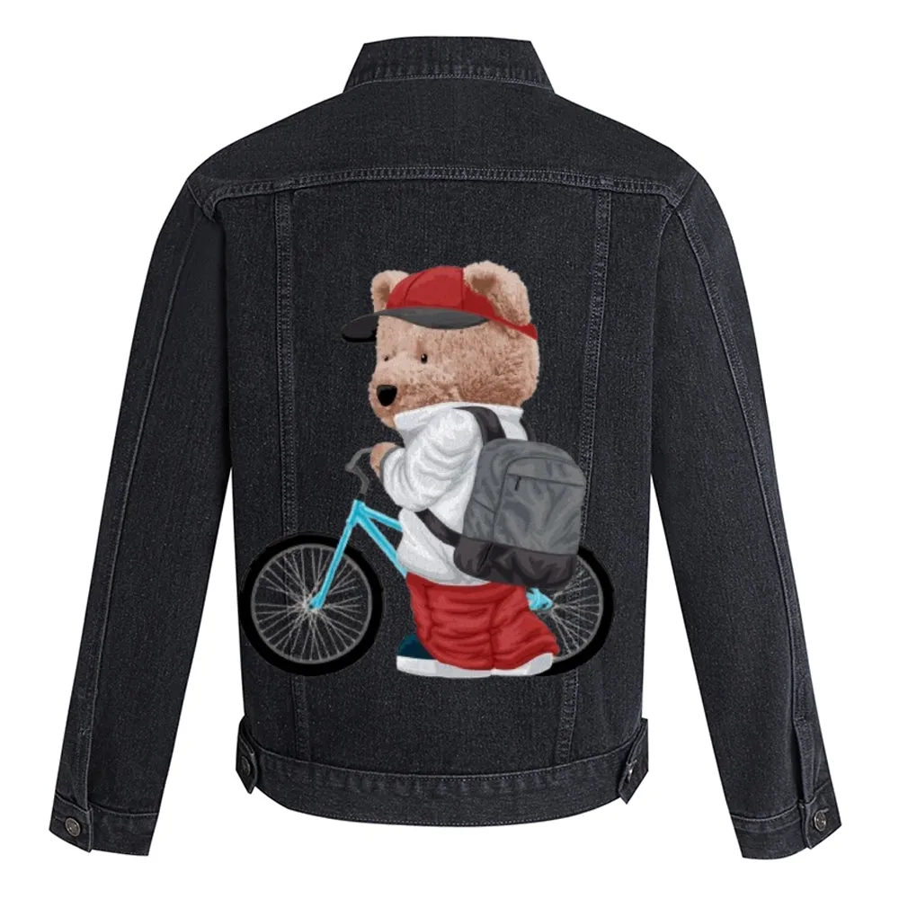 Mens Vintage Cartoon Cute Bear Ride A Bike To School Prints Denim Jacket