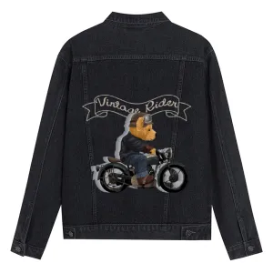 Mens Vintage Cartoon Cute Bear Vintaae Rider Prints Denim Jacket
