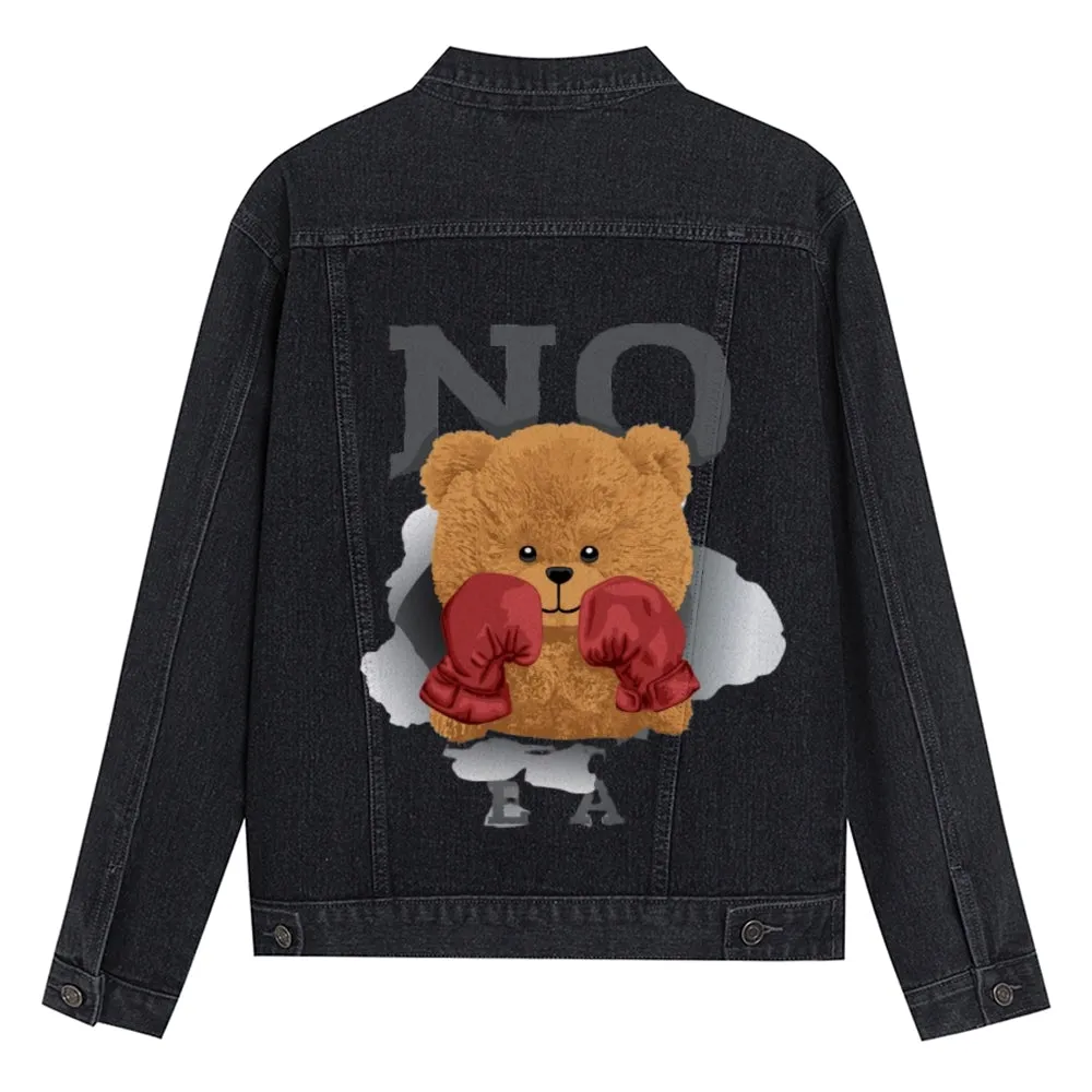 Mens Vintage Cartoon Cute Boxer Bear Prints Denim Jacket