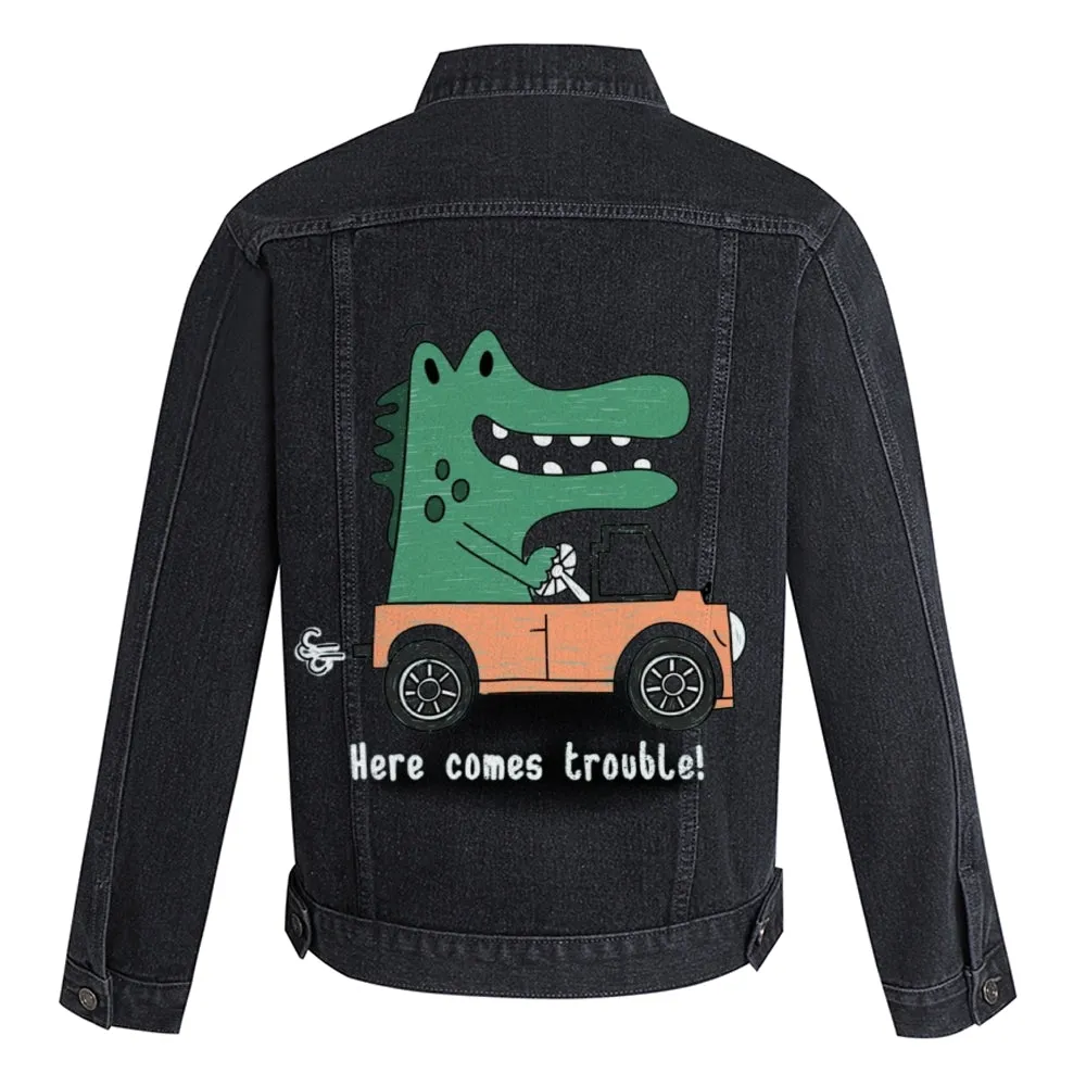 Mens Vintage Cartoon Prints Here Comes Trouble! Denim Jacket
