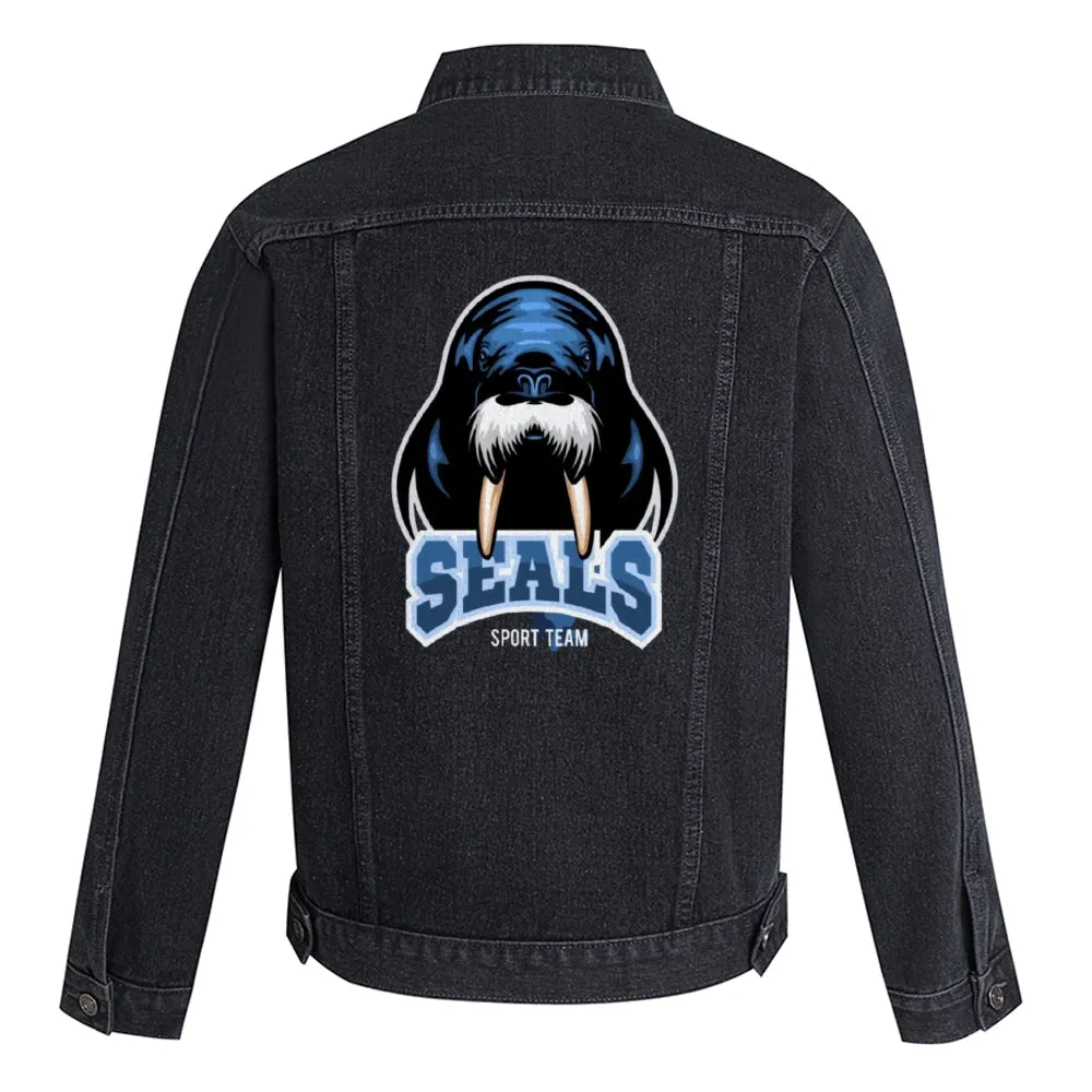 Mens Vintage Cartoon Prints SEALS SPORT TEAM Denim Jacket